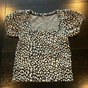 FREE PEOPLE Black & Cream Short Sleeve Cheetah Print Top
